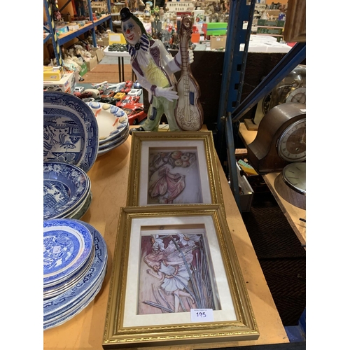 195 - A CERAMIC FIGURE OF A CLOWN AND TWO WOODEN FRAMED PICTURES