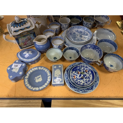 199 - A LARGE QUANTITY OF BLUE AND WHITE CERAMIC WARE TO INCLUDE A 'SADLER' TEAPOT