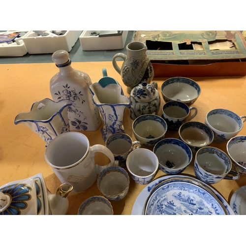 199 - A LARGE QUANTITY OF BLUE AND WHITE CERAMIC WARE TO INCLUDE A 'SADLER' TEAPOT