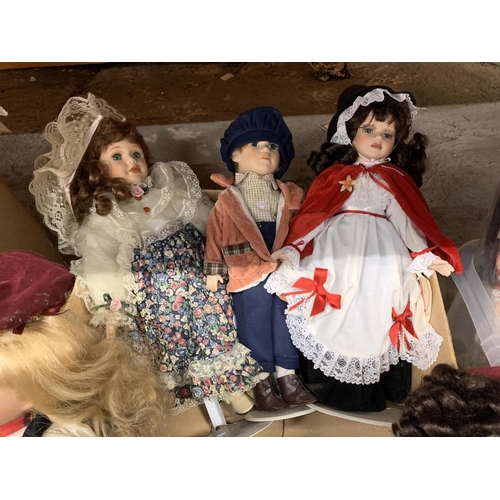 261 - A FIVE PORCELAIN HEADED DOLLS TO INCLUDE RHONA IN VICTORIAN DRESS