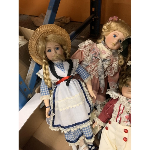 263 - FIVE PORCELAIN HEADED DOLLS TO INCLUDE A SPECIAL COLLECTORS EDITION JACK AND JILL