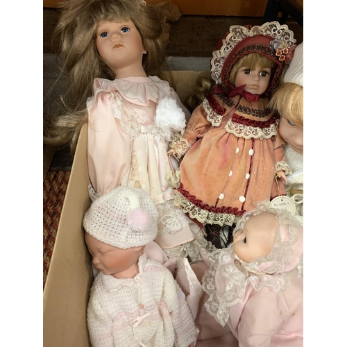 264 - SIX PORCELAIN HEADED DOLLS TO INCLUDE EMILY WEARING A BONNET AND TWO BABIES