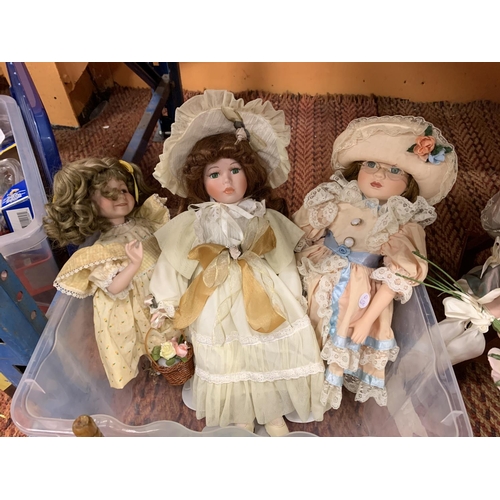 268 - FOUR PORCELAIN HEADED DOLLS TO INCLUDE CAROLINE IN A SMALL WOODEN ROCKER