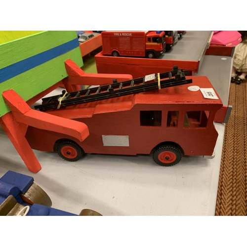 285 - A WOODEN WHEELBARROW, TRACTOR AND TRAILER, TONKA GRADER AND FIRE ENGINE