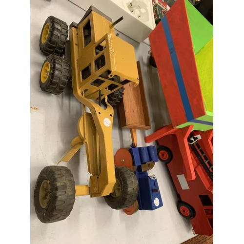 285 - A WOODEN WHEELBARROW, TRACTOR AND TRAILER, TONKA GRADER AND FIRE ENGINE