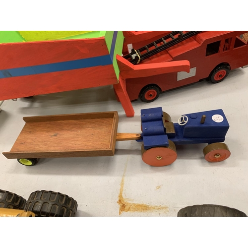 285 - A WOODEN WHEELBARROW, TRACTOR AND TRAILER, TONKA GRADER AND FIRE ENGINE