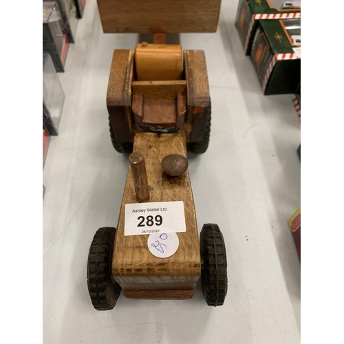 289 - A WOODEN TRACTOR, TRAILER AND LAND ROVER