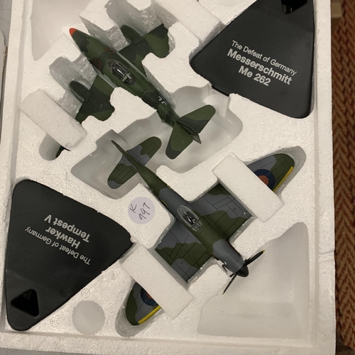 393 - FOUR DIE CAST AEROPLANES TO INCLUDE HAWKER TEMPEST AND VOUGHT CORSAIR