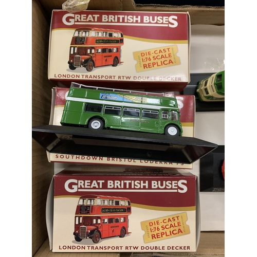 414A - A GROUP OF DIE CAST MODELS TO INCLUDE THREE BOXED BUSES, OMNIBUS AND BLACKPOOL TRAM