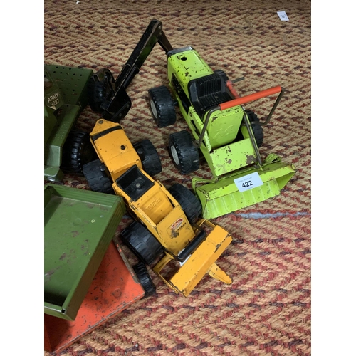 422 - TWO MECCANO VEHICLES WITH TRAILERS, A MECCANO DIGGER AND TONKA DIGGER WITH EXTRA WHEELS