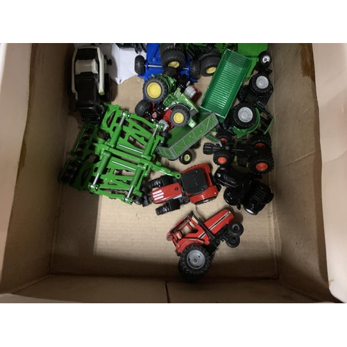 425 - A BOX OF SMALL DIE CAST MODELS TO INCLUDE TRACTORS AND FARM IMPLIMENTS