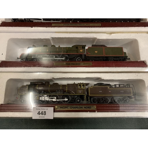 448 - A SELECTION OF MODEL TRAINS ON WOODEN PLINTHS TO INCLUDE A LNER 'FLYING SCOTSMAN' AND PLM PACIFIC