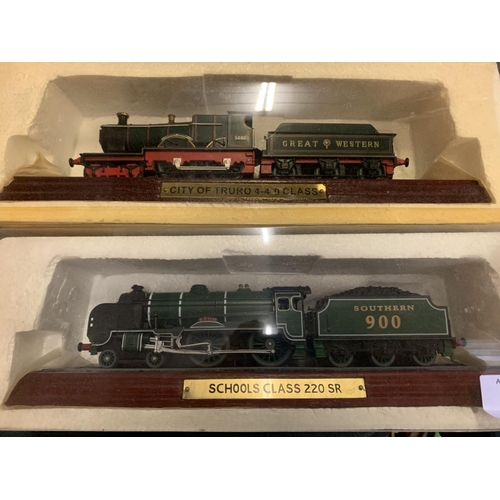 454 - A COLLECTION OF FOUR WOODEN TRAINS ON WOODEN PLINTHS TO INCLUDE AN LMS ROYAL SCOT