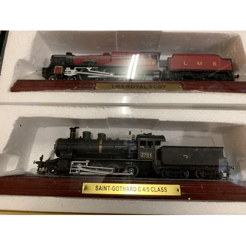 454 - A COLLECTION OF FOUR WOODEN TRAINS ON WOODEN PLINTHS TO INCLUDE AN LMS ROYAL SCOT