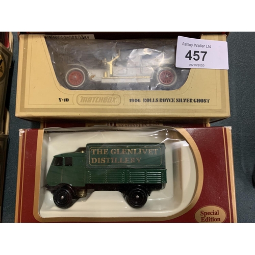 457 - AN ASSORTMENT OF 'MATCHBOX' VEHICLES TO INCLUDE A JAGUAR SS100 AND A ROLLS ROYCE SILVER GHOST