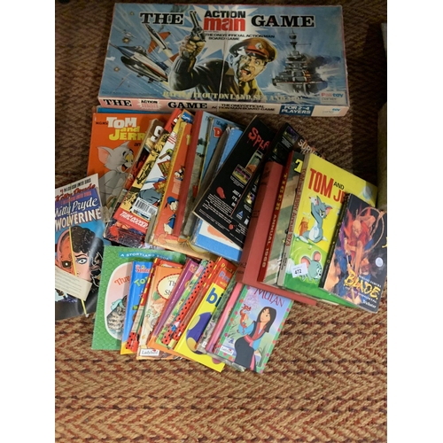 472 - A LARGE ASSORTMENT OF VINTAGE CHILDREN'S BOOKS AND ANNUALS TO ALSO INCLUDE 'THE ACTION MAN' BOARD GA... 