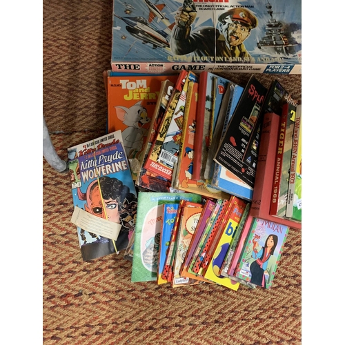 472 - A LARGE ASSORTMENT OF VINTAGE CHILDREN'S BOOKS AND ANNUALS TO ALSO INCLUDE 'THE ACTION MAN' BOARD GA... 