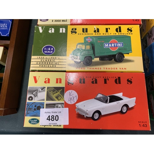 480 - A COLLECTION OF FOUR VANGUARDS REPLICA MODEL VEHICLES TO INCLUDE A 'MARTINI' FORD THAMES TRADER VAN