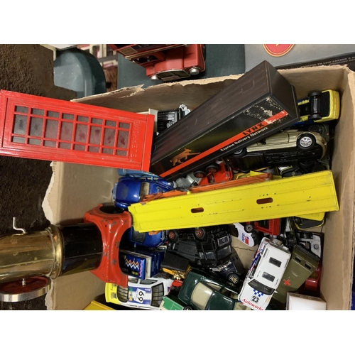 490 - AN EXTENSIVE COLLECTION OF MODEL TOYS TO INCLUDE A RED PHONE BOX AND NUMEROUS VEHICLES