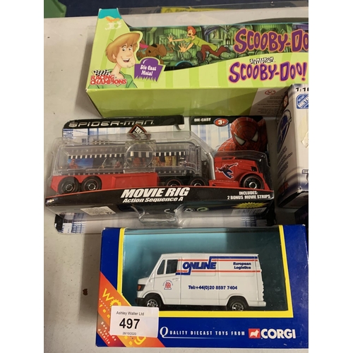 497 - A SELECTION OF BOXED SCALE VEHICLES TO INCLUDE THE SCOOBY DOO DIE CAST METAL TRANSPORTER