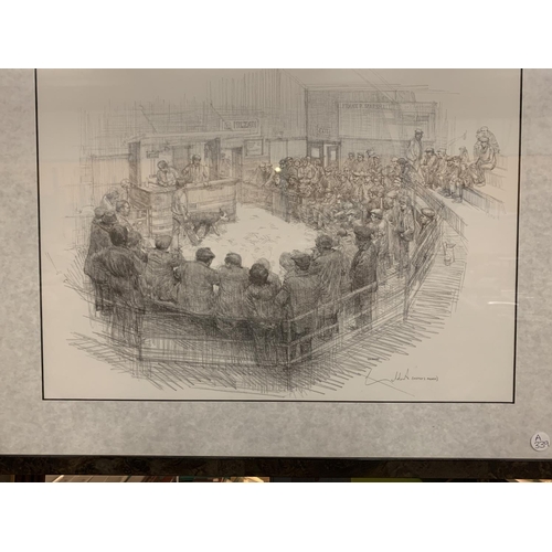 1001A - A FRAMED GELDART SIGNED ARTIST'S PROOF OF THE RING AT CHELFORD MARKET