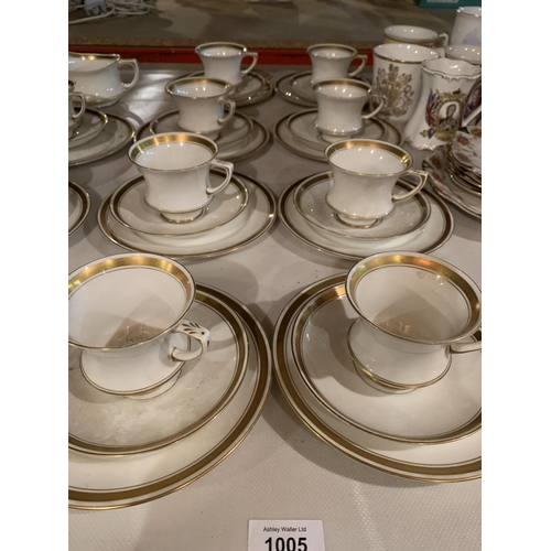 1005 - A LARGE QUANTITY OF CHINA TO INCLUDE WHITE WITH GOLD DETAIL, COMMEMORATIVE CUPS ETC