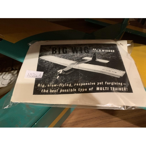 1024A - A VINTAGE RADIO CONTROLLED ' BIG WIG' AEROPLANE TO INCLUDE PLANS (WINGSPAN 192CM)