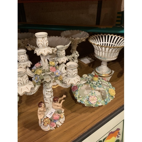 764 - A SELECTION OF ORNATE CHINA FEATURING CHERUBS ETC