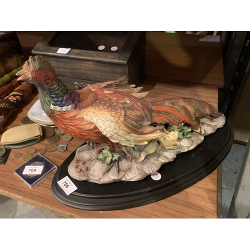 766 - A LARGE LIMITED EDITION VIERTASCA PORCELAIN PHEASANT ON A WOODEN PLINTH