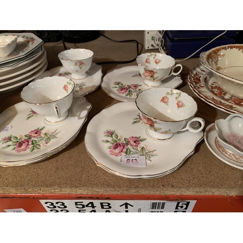 843 - A QUANTITY OF CERAMICS TO INCLUDE BLUE AND WHITE, FOUR CUP AND SANDWICH SETS AND SPODE PLATES ETC