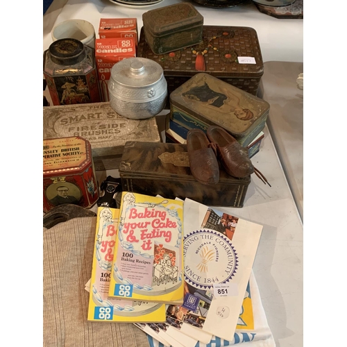 851 - A COLLECTION OF ITEMS RELATING TO THE CO-OP TO INCLUDE VINTAGE TINS, POLISHING KIT, HAMMER AND STAMP... 