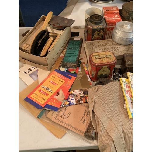 851 - A COLLECTION OF ITEMS RELATING TO THE CO-OP TO INCLUDE VINTAGE TINS, POLISHING KIT, HAMMER AND STAMP... 