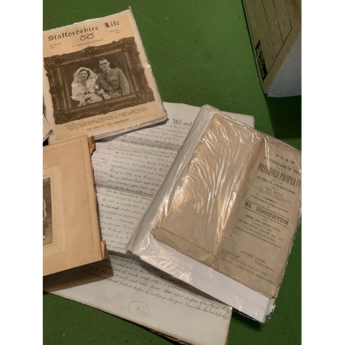 854 - A BOX OF EPHEMERA RELATING TO STAFFORDSHIRE TO INCLUDE A STAFFORDSHIRE LIFE 1947, SCHOOL PHOTOGRAPH ... 