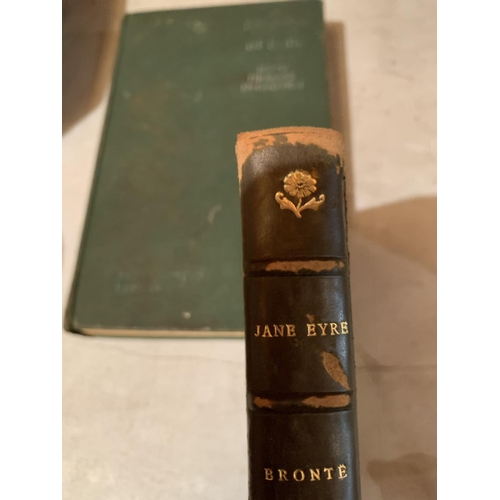 856 - THREE VINTAGE HARD BACK BOOKS TO INCLUDE A LEATHER SPINED EDITION OF JANE EYRE