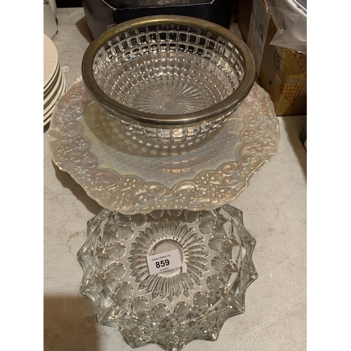 859 - A STUART CRYSTAL BOWL, A FURTHER BOWL WITH METAL RIM, A GLASS CAKE STAND AND ASHTRAY