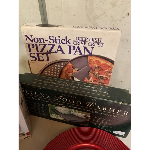 868 - A PIZZA PAN SET, A FOOD WARMER, EUROCHOPPER, COCKTAIL SHAKER ETC