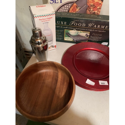 868 - A PIZZA PAN SET, A FOOD WARMER, EUROCHOPPER, COCKTAIL SHAKER ETC