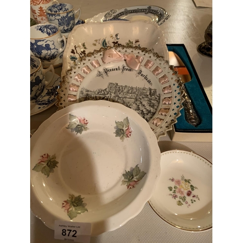 872 - FOUR BURLEIGH WARE CUPS AND SAUCERS, LIMOGES COLLECTABLE PLATES, SEVERAL ASSORTED PLATES AND A CAKE ... 