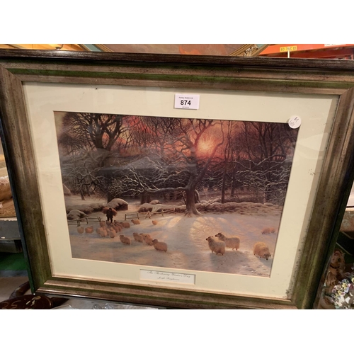 874 - A CIRCULAR FRAMED FLOWER PRINT AND A FRAMED PRINT OF 'THE SHORTENING WINTER'S DAY'