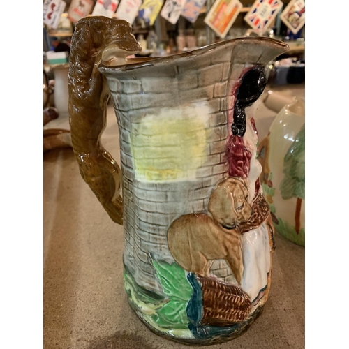 883 - A BURLEIGH WARE DECORATIVE JUG DEPICTING A REPRODUCTION OF 'OLD FEEDING TIME' AND A HAND PAINTED SHO... 