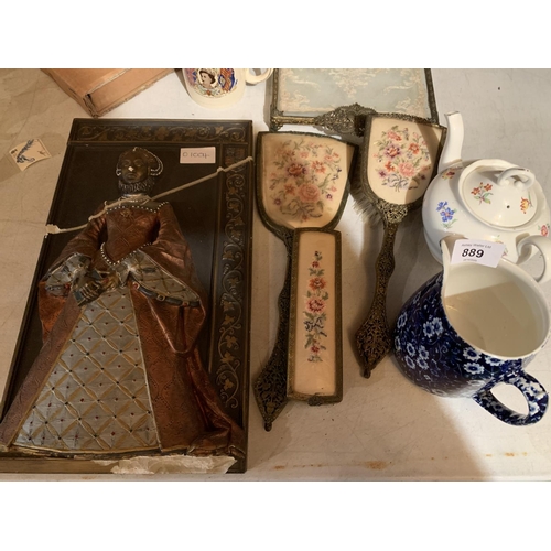 889 - A DRESSING TABLE SET, BURLEIGHWARE JUG, A BLUE AND WHITE JUG ETC