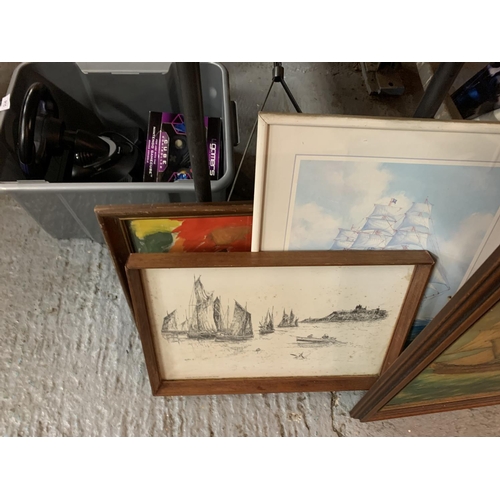 901 - FOUR FRAMED PICTURES, THREE MARINE AND ONE ABSTRACT