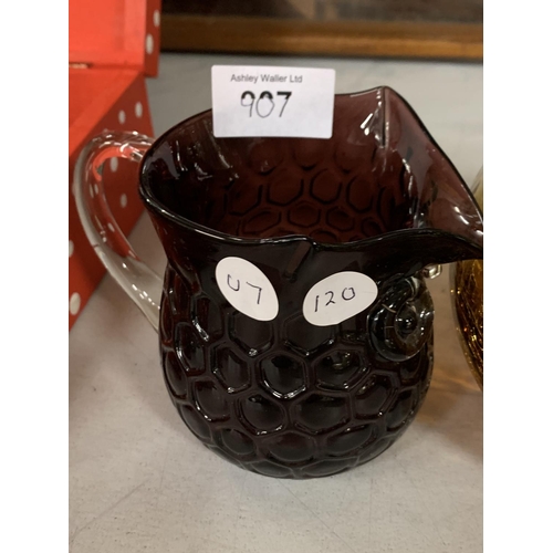 907 - TWO GLASS OWL JUGS