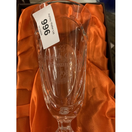 996 - A BOXED ROYAL DOULTON AIR TWIST GLASS GOBLET COMMEMORATING THE 1983 BRITISH CONGRESS WITH ORIGINAL O... 