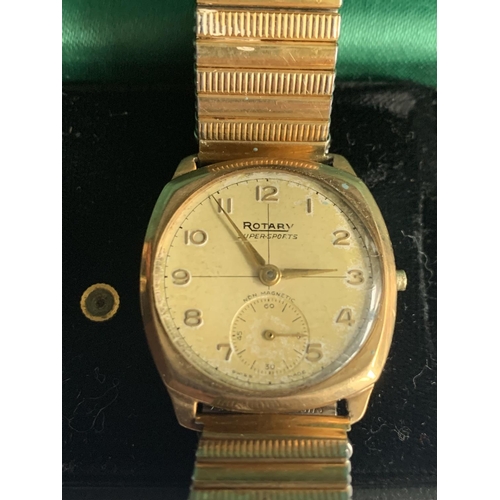 595 - A BOXED ROTARY SUPER SPORT 9 CARAT GOLD CASED WRIST WATCH WITH ROLLED GOLD STRAP (A/F CROWN WINDER N... 