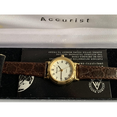 596 - TWO BOXED WRIST WATCHES TO INCLUDE A LADIES ACCURIST AND A ROAMER  BOTH WITH LEATHER STRAPS