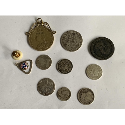 603 - VARIOUS VICTORIAN AND EARLIER COINS - A WILLIAM AND MARY 1689 HALF CROWN,  FIVE VARIOUS SHILLINGS 17... 