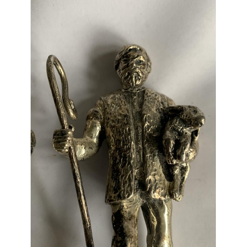 616 - TWO SILVER PLATED FIGURINES DEPICTING A SHEPHERD AND AN ORGAN GRINDER WITH MONKEY