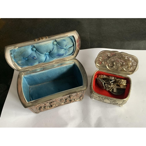 617 - TWO ORNATE METAL BOXES ONE CONTAINING COSTUME JEWELLERY