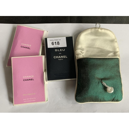 618 - THREE CHANEL PARIS PERFUME SAMPLES IN A CASE TO IONCLUDE BLEU AND CHANCE